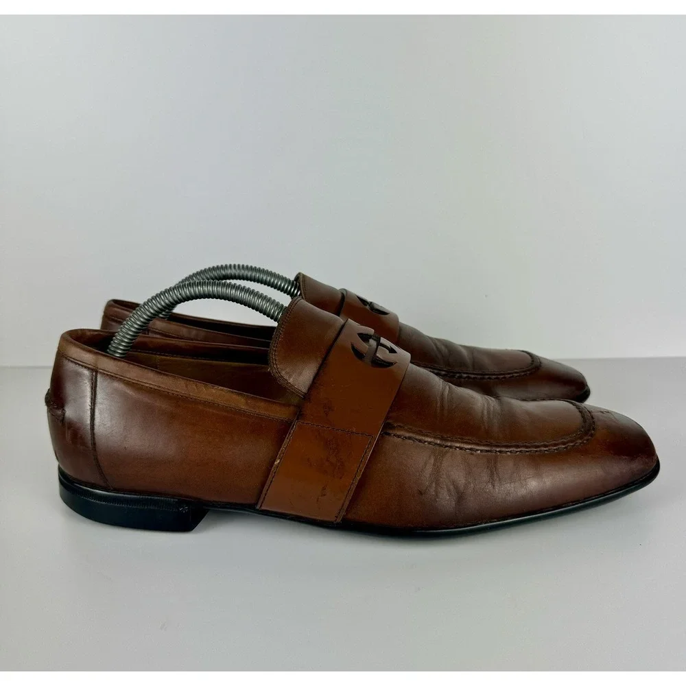 Gucci Men's Brown Leather Mila Wimbledon Logo Loafers Size‎ 6.5 Shoes